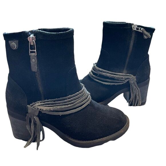 Bos & Co Black Suede Fringe Ankle Bootie Boots Western Block Heel Sz 36 - Picture 3 of 8